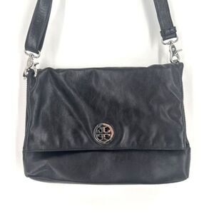 Tory Burch Womens Leather Foldover Crossbody Shoulder Bag Dena Black Size Medium